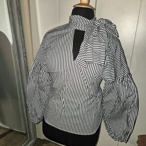 Striped Black and White Blouse with Bow And Balloon Sleeves
